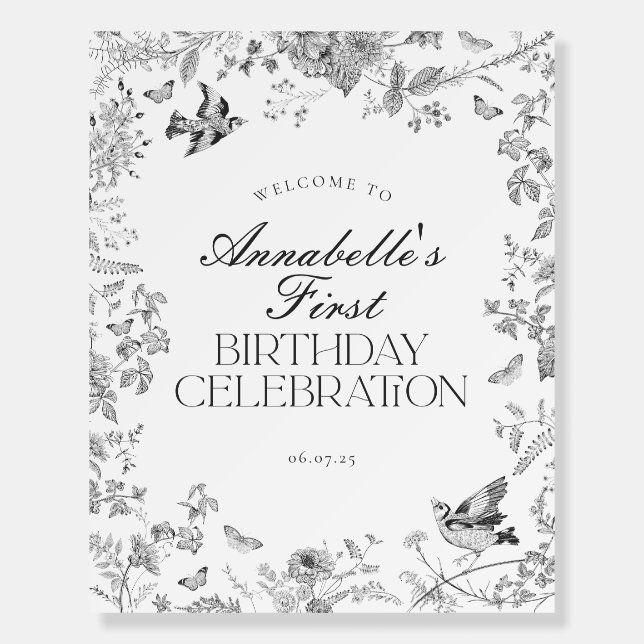 Black Toile Floral Birthday Party Welcome Sign (Front)