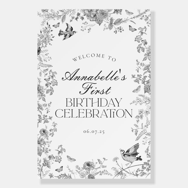 Black Toile Floral Birthday Party Welcome Sign (Front)