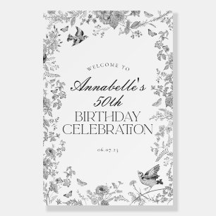 Black Toile Floral Birthday Party Welcome Sign
