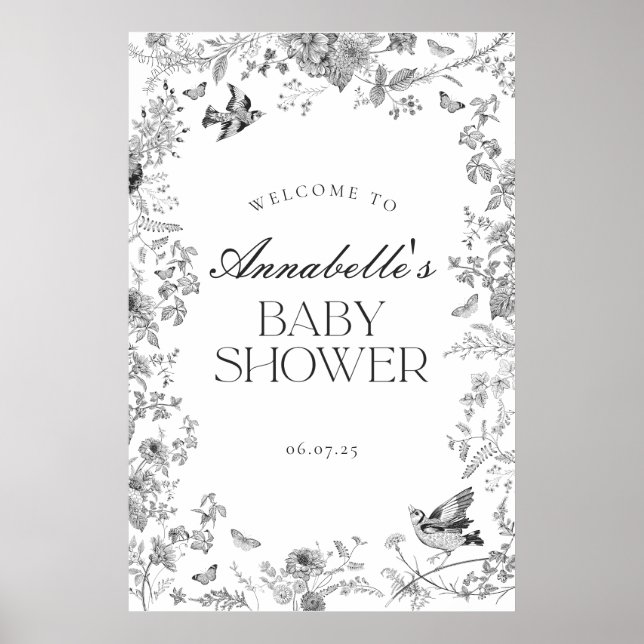 Black Toile Jouy Floral Baby Shower Welcome Sign (Front)