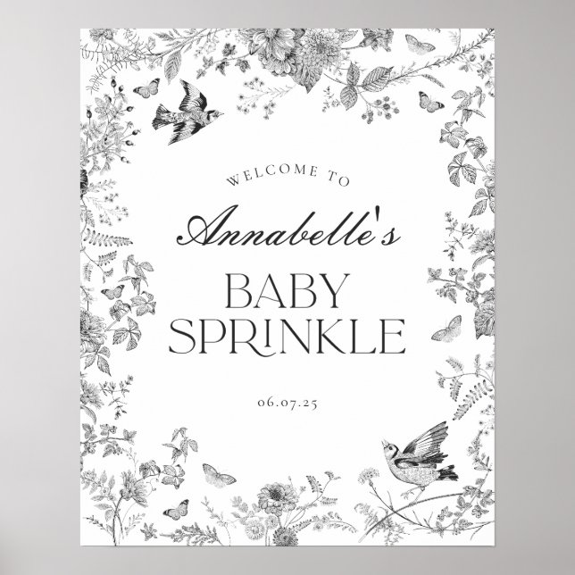 Black Toile Jouy Floral Baby Sprinkle Welcome Sign (Front)