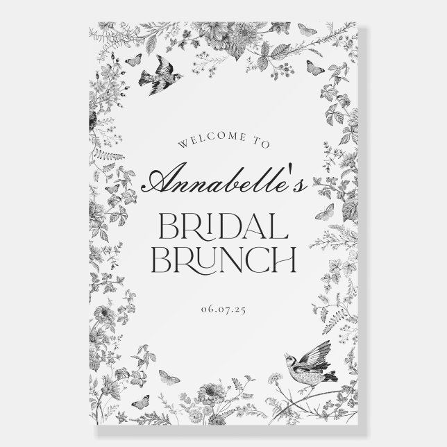 Black Toile Jouy Floral Bridal Brunch Welcome Sign (Front)