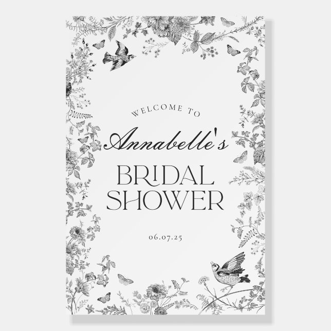Black Toile Jouy Floral Bridal Shower Welcome Sign (Front)