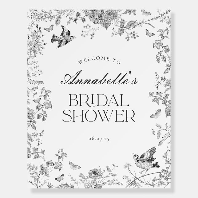 Black Toile Jouy Floral Bridal Shower Welcome Sign (Front)