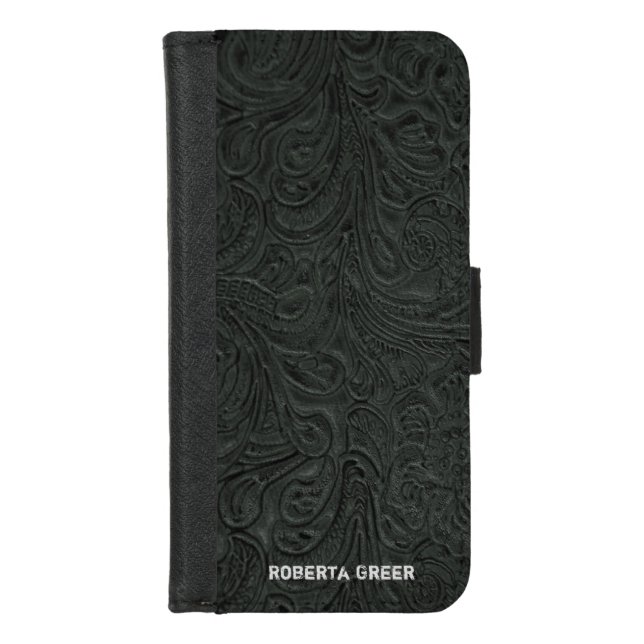 Black Tooled Leather (faux) Personalized iPhone Wallet Case (Front)