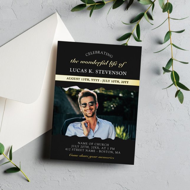 Black Torn Edges Photo Gold Foil Life Celebration Foil Invitation (Creator Uploaded)