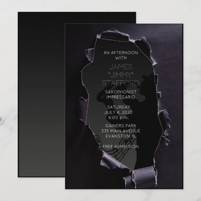 black torn paper saxophonist concert invitation (Front/Back)