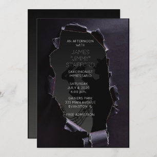 black torn paper saxophonist concert invitation