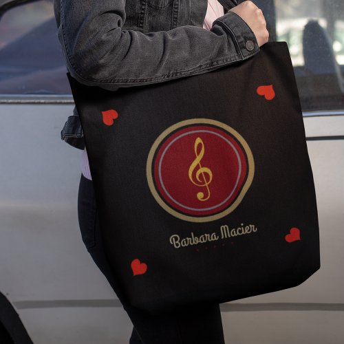 black tote bag of music with name