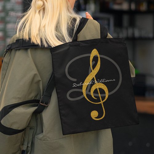 black tote bag with her name  treble clef