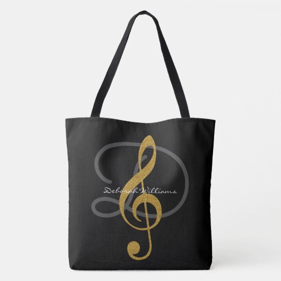 black tote bag with her name & treble clef