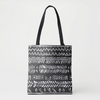 Black Tote Bag with White Tribal Geometric Pattern