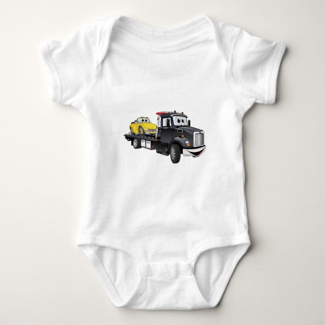 Black Tow Truck Flatbed Cartoon Baby Bodysuit (Front)