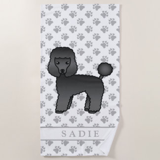 Black Toy Poodle Cute Cartoon Dog &amp; Name Beach Towel