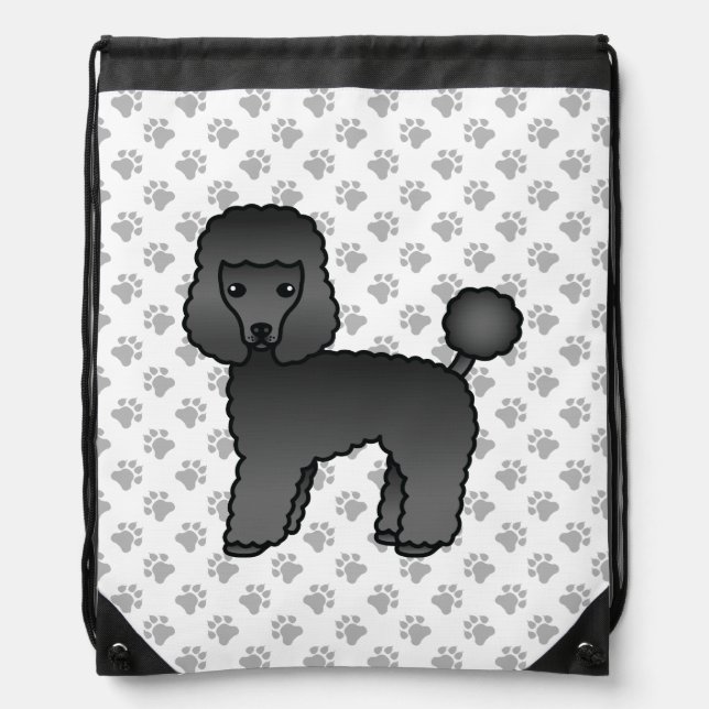 Black Toy Poodle Cute Cartoon Dog & Paws Drawstring Bag (Front)