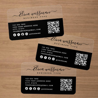 Black Transparent Modern Script QR code Clear Business Cards
