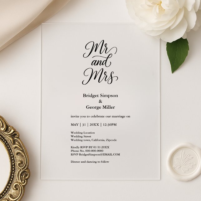 black transparent mr and mrs Elegant Wedding  Acrylic Invitations (Creator Uploaded)