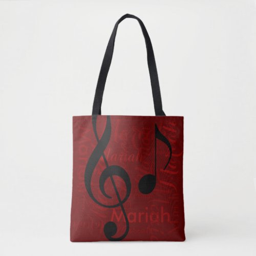 black treble clef music monogram with name red tote bag