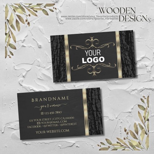 Black Tree Bark Wood Grain Gold Ornate Border Logo Business Card