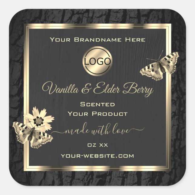Black Tree Bark Wood Grain Gold Product Label Logo (Front)