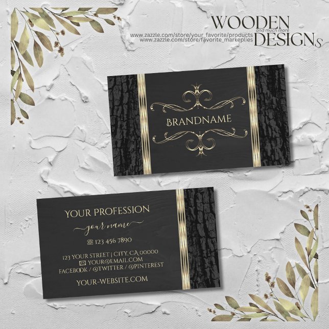 Black Tree Bark Wood Grain with Gold Ornate Border Business Card (Creator Uploaded)