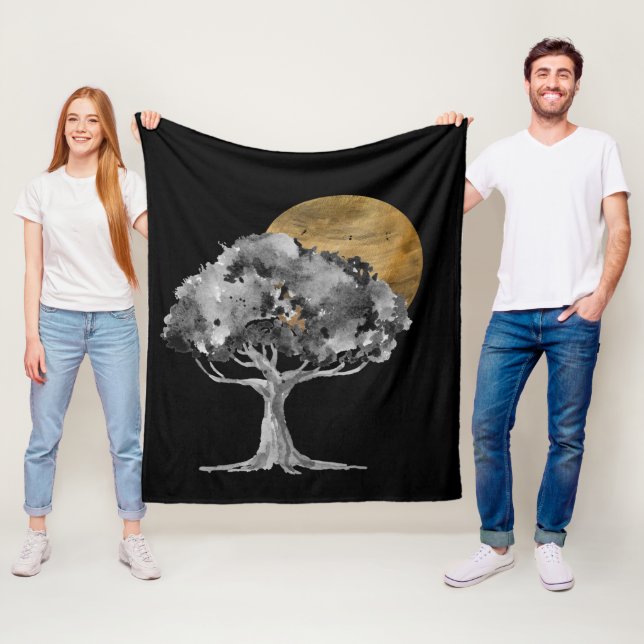 Black Tree Gold Moon Digital Art Fleece Blanket (In Situ)