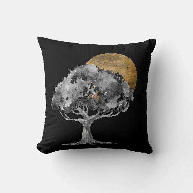 Black Tree Gold Moon Digital Art Throw Pillow (Front)