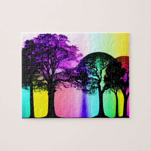 Black Tree Silhouettes Pastel Rainbow Background Jigsaw Puzzle