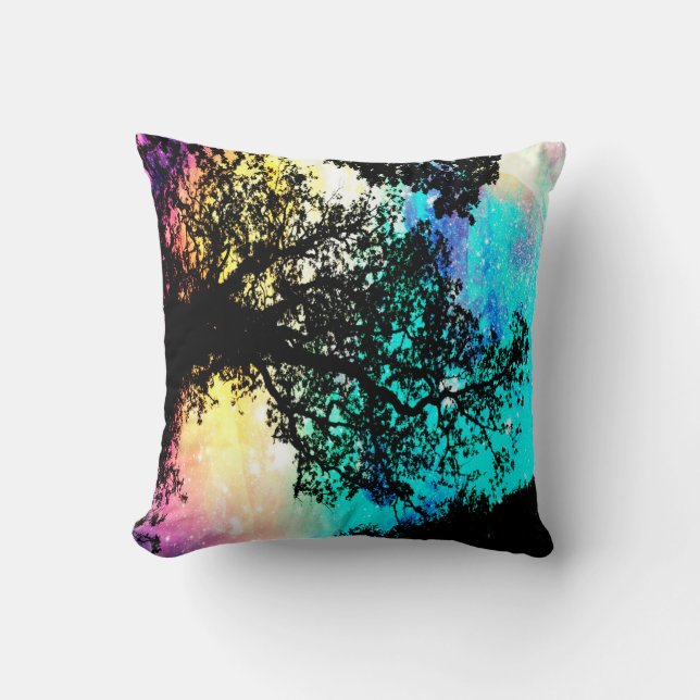 Black Trees Colorful Space Pillow (Front)