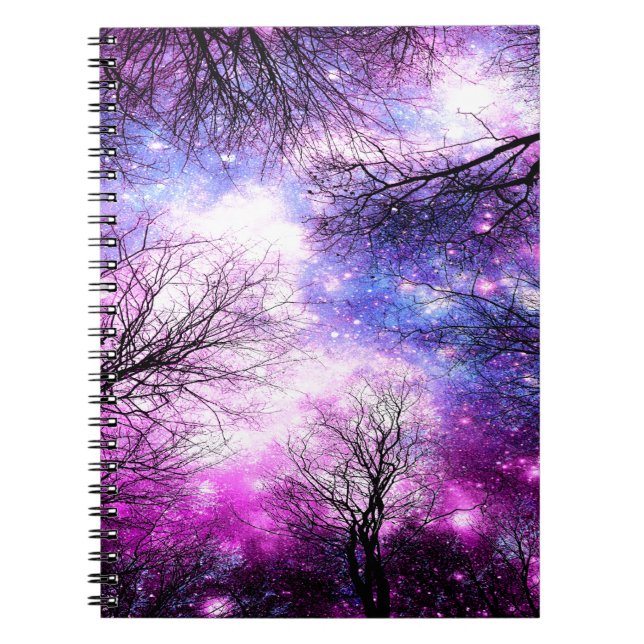 Black Trees Fuchsia Violet Space Notebook (Front)
