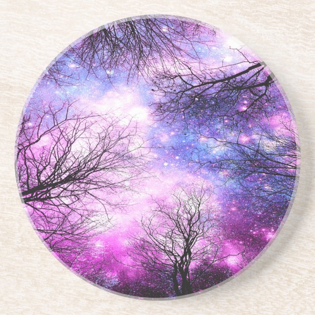 Black Trees Fuchsia Violet Space Sandstone Coaster (Front)