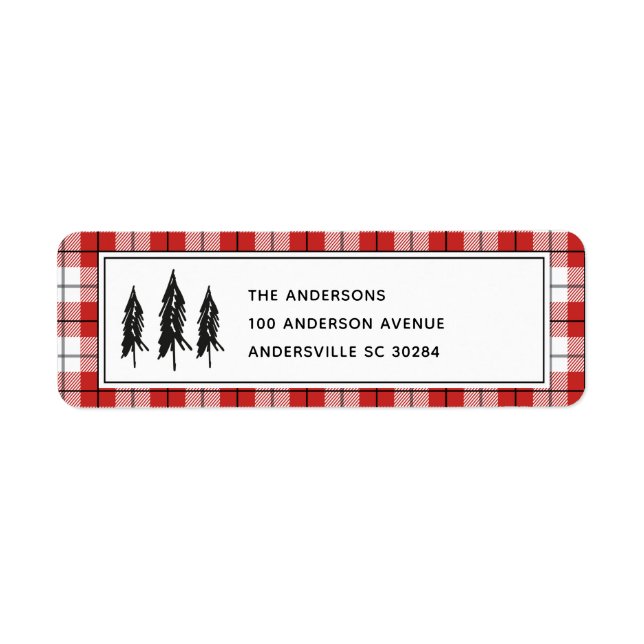 Black Trees Red Flannel Christmas Return Address Label (Front)