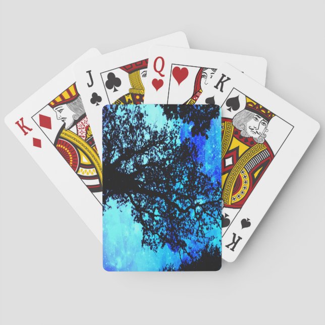 Black Trees Turquoise Periwinkle Space Poker Cards (Back)