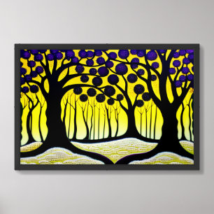 Black Trees with Purple Leaves and Yellow Backdrop Framed Art