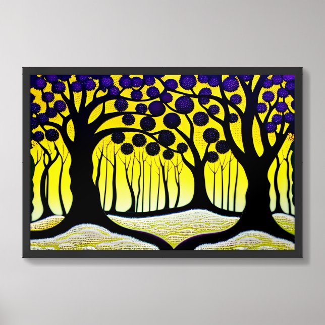Black Trees with Purple Leaves and Yellow Backdrop Framed Art (Framed Front)