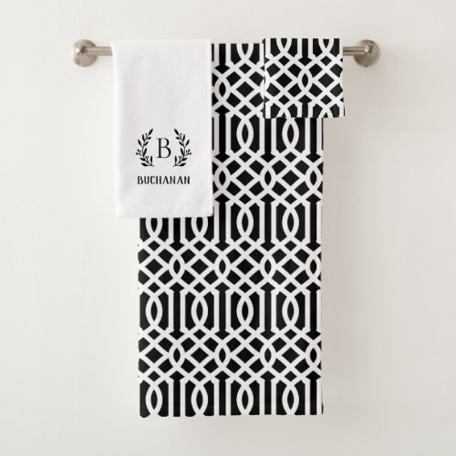Black Trellis and Branch Monogram Bath Towel Set