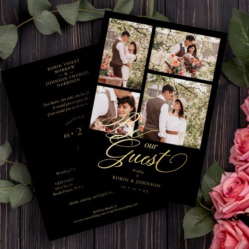 Black Trendy Collage 4 Photos Fancy Script Foil Invitation