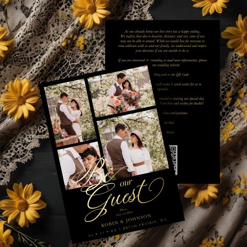 Black Trendy Collage 4 Photos Luxury Script  Foil Invitation