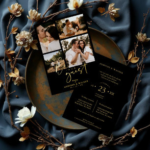 Black Trendy Collage Wedding 4 photos Real Golden Foil Invitation