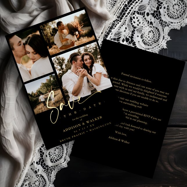 Black Trendy Collage Wedding 4 Photos Real Golden  Foil Invitation (Creator Uploaded)