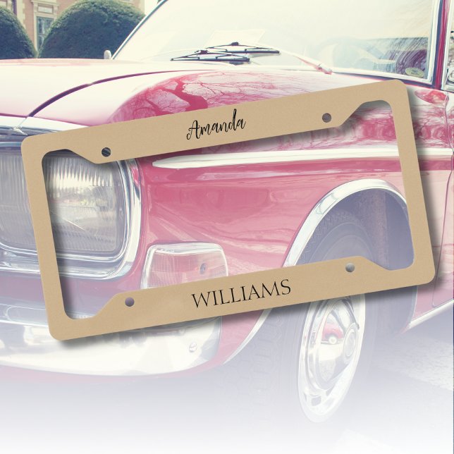 Black Trendy Elegant  First Last Name | Tan Brown  License Plate Frame (Creator Uploaded)