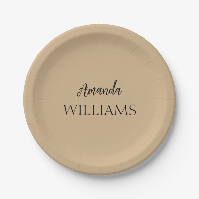 Black Trendy Elegant  First Last Name | Tan Brown  Paper Plates (Front)
