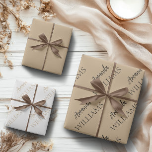 Black Trendy Elegant First Last Name Tan Brown Wrapping Paper Sheets