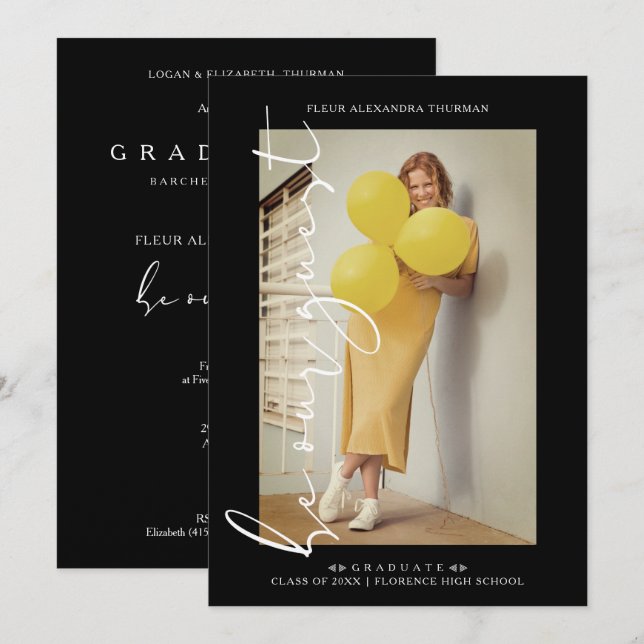 Black Trendy Photo Be Our Guest Simple Graduation Invitation (Front/Back)