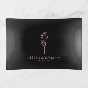 Black Trendy Rustic Wildflowers Wedding Rings Trinket Tray