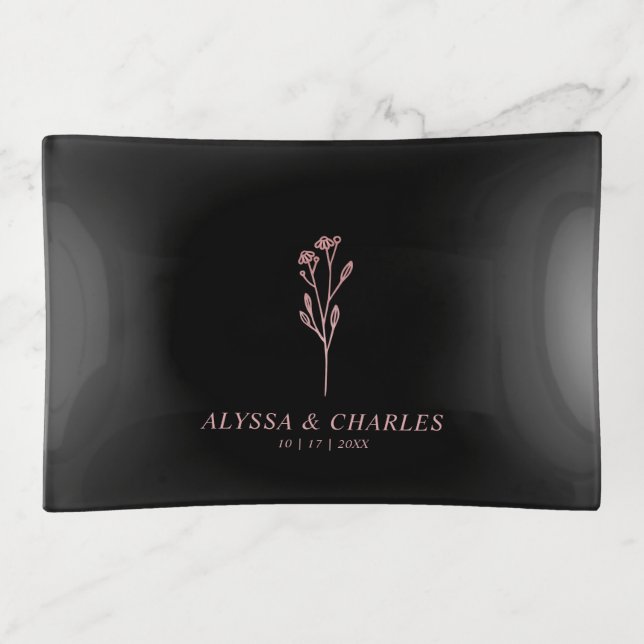 Black Trendy Rustic Wildflowers Wedding Rings Trinket Tray (Front)