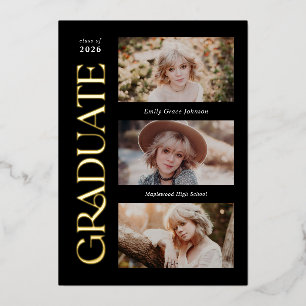 Black Trendy Serif Multiple Photo Graduation  Foil Invitation