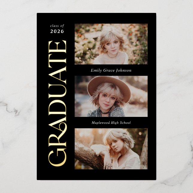 Black Trendy Serif Multiple Photo Graduation  Foil Invitation (Front)