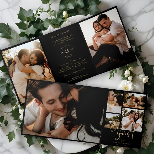 Black Trendy  Stylish Collage Wedding 7 Photos Tri_Fold Invitation