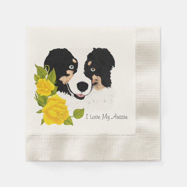 Black Tri Aussie and Yellow Roses Napkins (Front)